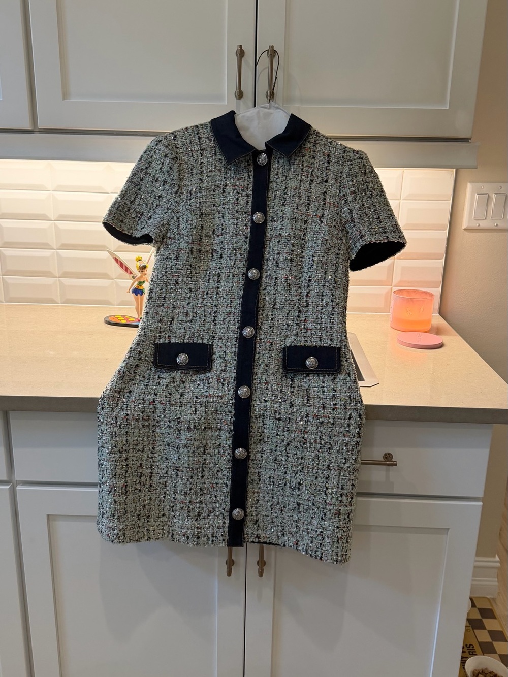 Classic Tweed Short-Sleeve Coat Dress with Navy Trim acin